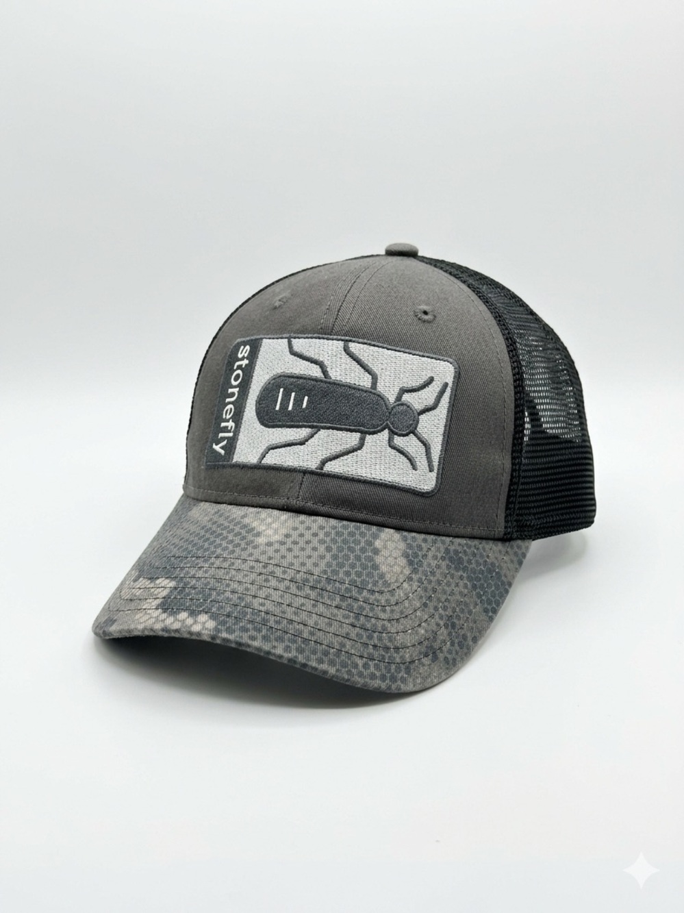 Simms Stonefly Fishing Trucker Hat Gray Black Mesh Snapback Cap Outdoor